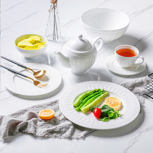 欧式纯白浮雕陶瓷餐具套装 西式骨瓷点心盘牛排盘子家用早餐餐具