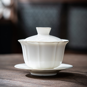 描金羊脂玉白瓷三才盖碗陶瓷大号泡茶碗功夫茶具单个盖杯德化白瓷
