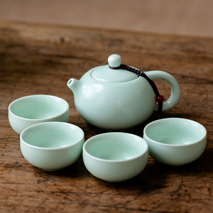 日式定窑茶壶茶杯陶瓷一壶二杯茶具套装小号简约竹制茶盘功夫茶具