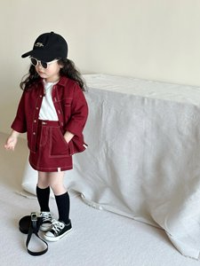女童2024春季新款撞色线小标衬衫＆口袋半裙韩版儿童红色牛仔外套