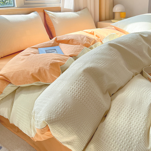 A类高级感华夫格四件套全棉纯棉水洗棉床单被套日式简约床上用品