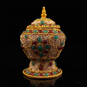 尼泊尔藏传老银掐丝舍利塔镶嵌宝石塔金刚舍利甘露罐居家佛堂用品