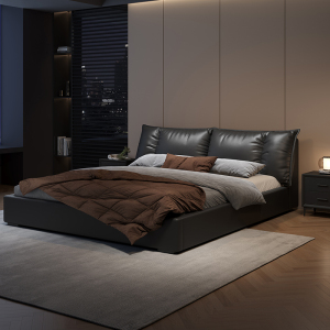 极简床轻奢真皮床现代简约主卧两米双人床意式床黑色大气高端软床