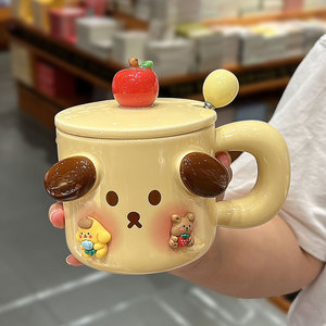 创意布丁狗陶瓷马克杯带盖勺办公室咖啡杯家用可爱猪猪早餐牛奶杯