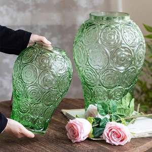 法式浮雕玻璃花瓶客厅插花高级感家居摆件水培装饰中古花瓶绛紫色