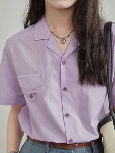 休闲紫色短袖衬衫夏季舒适透气古巴领衬衣小众通勤粉色短款上衣女
