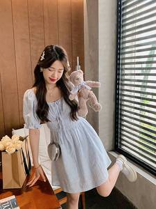安璃 ANLI 夏季新款短裙甜美少女减龄时髦刺绣方领小个子连衣裙