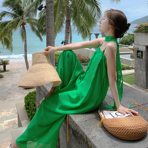 绿色高级设计师款中国风度假吊带连体裤宽松海边沙滩阔腿连衣裙裤