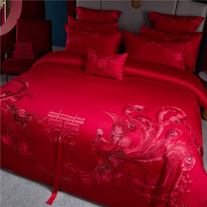 新中式大红色刺绣结婚喜被套全纯棉婚房床上用品婚庆四件套多件套