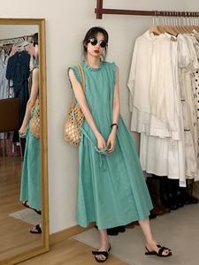 BRIVIN法式超好看蓝绿色棉麻连衣裙女夏季2024新款宽松气质长裙子