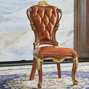 欧式餐椅美式实木真皮椅子法式复古做旧雕花靠背扶手休闲咖啡桌椅