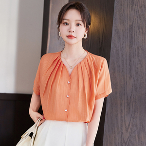 橙色雪纺衬衫女夏季薄款2024新款高级感小个子气质通勤短袖衬衣
