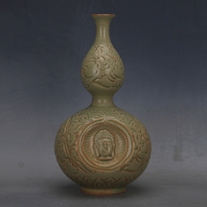 宋 耀州窑青釉暗刻缠枝莲佛像葫芦瓶 仿古瓷器全手工古玩装饰收藏