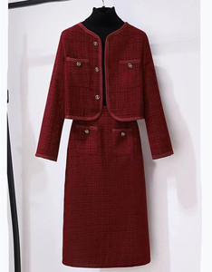 红色小香风套装女秋冬2023新款高级感名媛轻奢外套半身短裙两件套