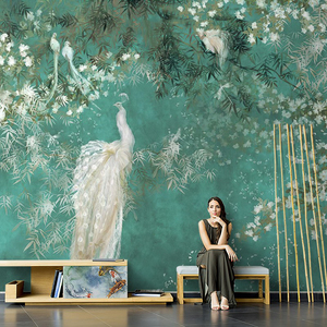 新中式孔雀蓝蚕丝墙布植物客厅电视背景墙壁纸无缝沙发壁画