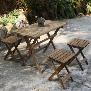 可折叠田园风简约休闲餐桌椅复古做旧原木家用便携实木户外桌椅子