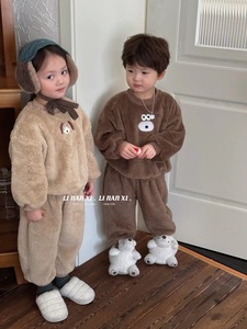 儿童棉服睡衣套装秋冬新款男女童童装韩版卡通小熊毛毛两件套套装