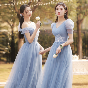 姐妹团伴娘服2024新款高级小众蓝色夏季主持人宴会高端女晚礼服裙