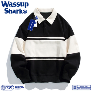 Wassup Shark美式复古翻领卫衣男秋季宽松polo衫男女情侣学生上衣