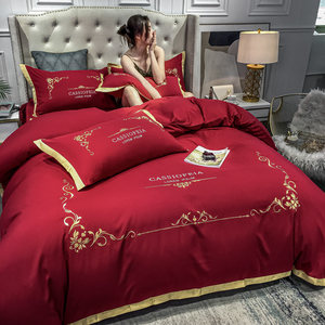 欧式四季水洗棉四件套大红色婚庆床单被套床笠北欧风结婚床上用品