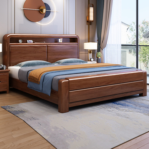 新中式胡桃木实木床1.8米大床现代简约双人床高箱储物主卧婚床
