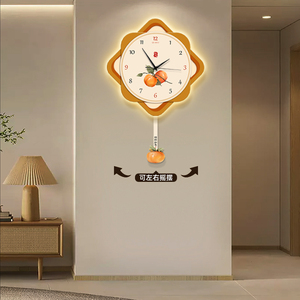 新中式创意挂钟柿柿如意餐厅装饰画壁灯新款家用客厅钟表高档时钟