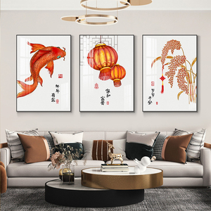 年年有鱼新中式客厅装饰画现代简约三联画中国风餐厅寓意好的挂画