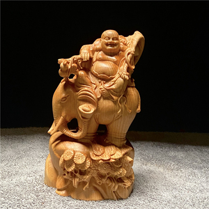 崖柏黄杨木雕刻汽车家居摆件坐象弥勒佛像神像手把件装饰工艺品