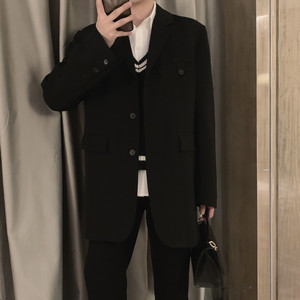 阿茶与阿古黑色中长款大哥西装外套男韩版潮流秋季宽松休闲西服