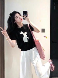 2024年新款植绒小兔针织衫短袖韩版设计感甜美短款修身T恤女上衣