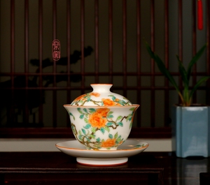 燊窑景德镇手绘 中式手工功夫茶具茶室汝窑《花开富贵》三财盖碗