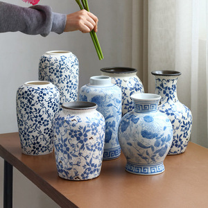 新中式青花瓷陶瓷花瓶摆件家居民宿玄关斗柜电视柜花器干花插花瓶