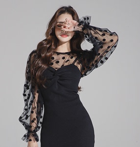 2020韩国代购冬季韩版女式新款梦幻网纱刺绣波点性感打底衬衫上衣