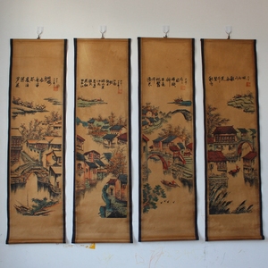 仿古做旧字画国画壁画江南山水画四条屏装饰画 客厅挂画已装裱