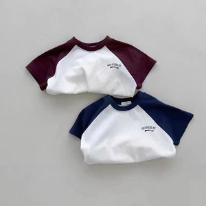 婴儿衣服夏装韩版男女宝宝拼色短袖T恤薄款儿童英文字母圆领上衣