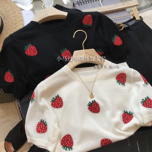 夏季草莓刺绣白色针织衫短袖T恤女薄款黑色小香风上衣设计感小众