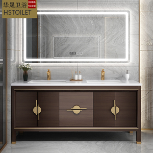 新中式橡木浴室柜组合智能洗脸洗手面盆实木双盆落地洗漱台卫生间