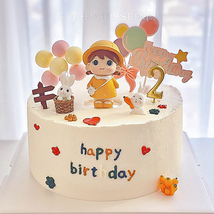 小女孩生日蛋糕装饰摆件黄色帽子可爱女娃娃公仔玩偶彩虹云朵插件