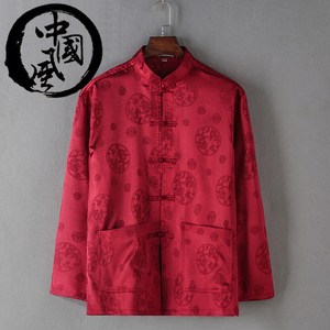 中国风唐装男长袖2024春季红色爸爸装中老年男士中式薄款宽松上衣