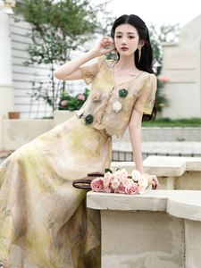 新中式中国风复古油画晕染欧根纱半身裙套装女2024夏季新款连衣裙