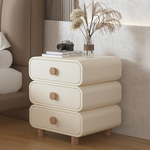 奶油色实木床头柜卧室简约现代皮质床边柜三抽三层小型超窄收纳柜
