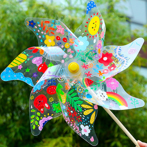幼儿园儿童DIY春天户外彩绘透明PVC塑料风车春游玩具创意手工材料