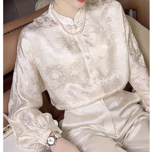 新中式国风真丝立领衬衫女2024春季新款香云纱复古香槟色提花上衣