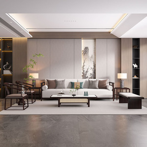 新中式样板房实木沙发组合现代禅意布艺会所客厅高端别墅家具定制