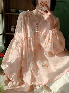 粉色灯笼袖棉麻防晒碎花衬衫女装春今年流行漂亮法式甜美小衫上衣