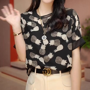 深圳南油高端女装2024夏季新款圆领设计感菠萝图案印花短袖t恤女