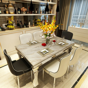大理石餐桌简约不锈钢五金餐台家用大小户型餐厅饭桌椅组合可定制