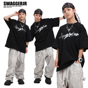 SWAG儿童街舞潮服男女童夏季印花短袖裤子 hiphop 街舞演出服套装