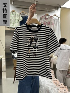 韩国东大门正品进口女装代购圆领条纹卡通美女短袖休闲T恤CORNER