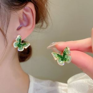 绿色蝴蝶耳钉小香风甜美气质耳环小众高级感耳饰